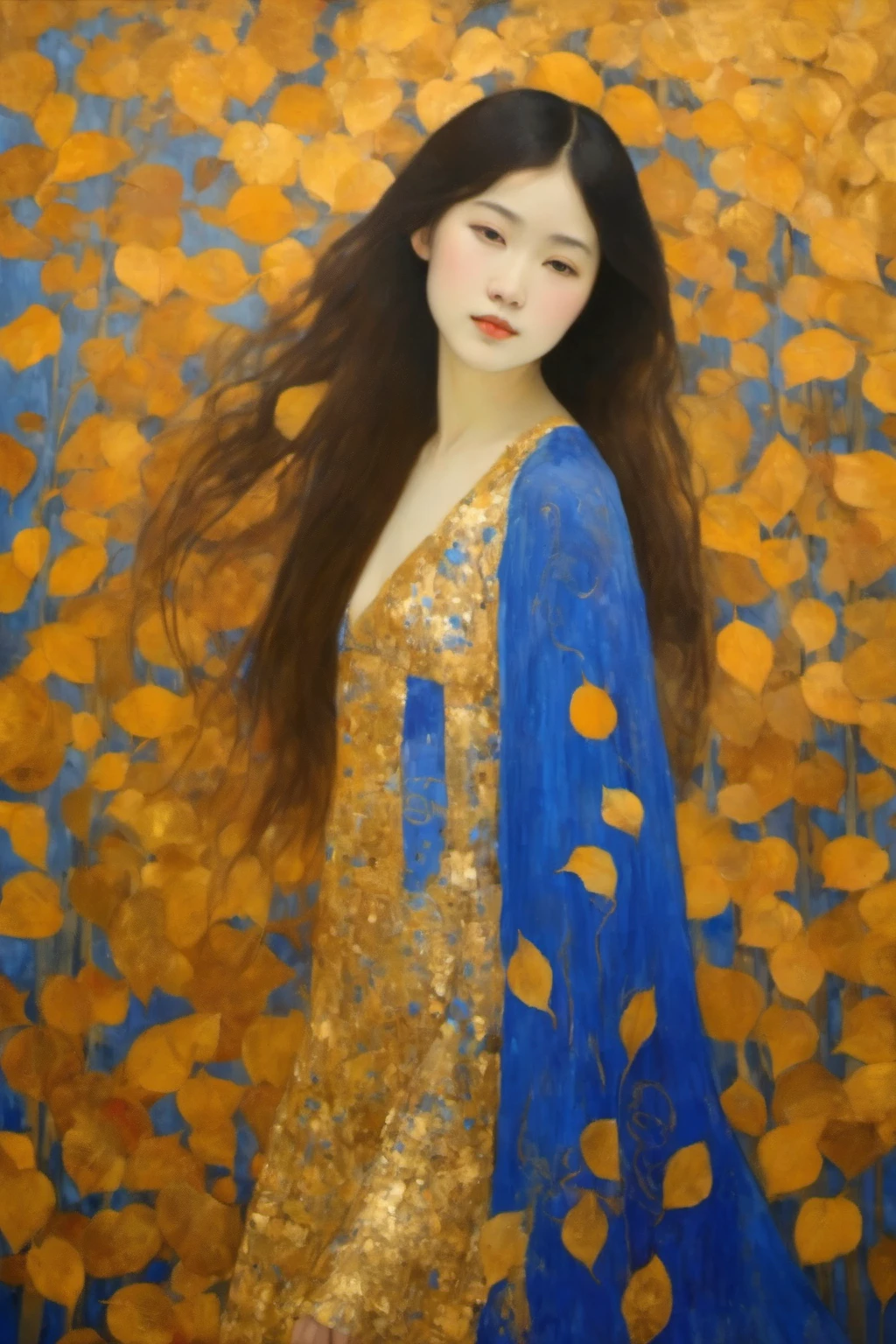 klimt style,1 asian girl,straight hair,solo,masterpiece,art,(full body),gold and blue color,autumn leaves