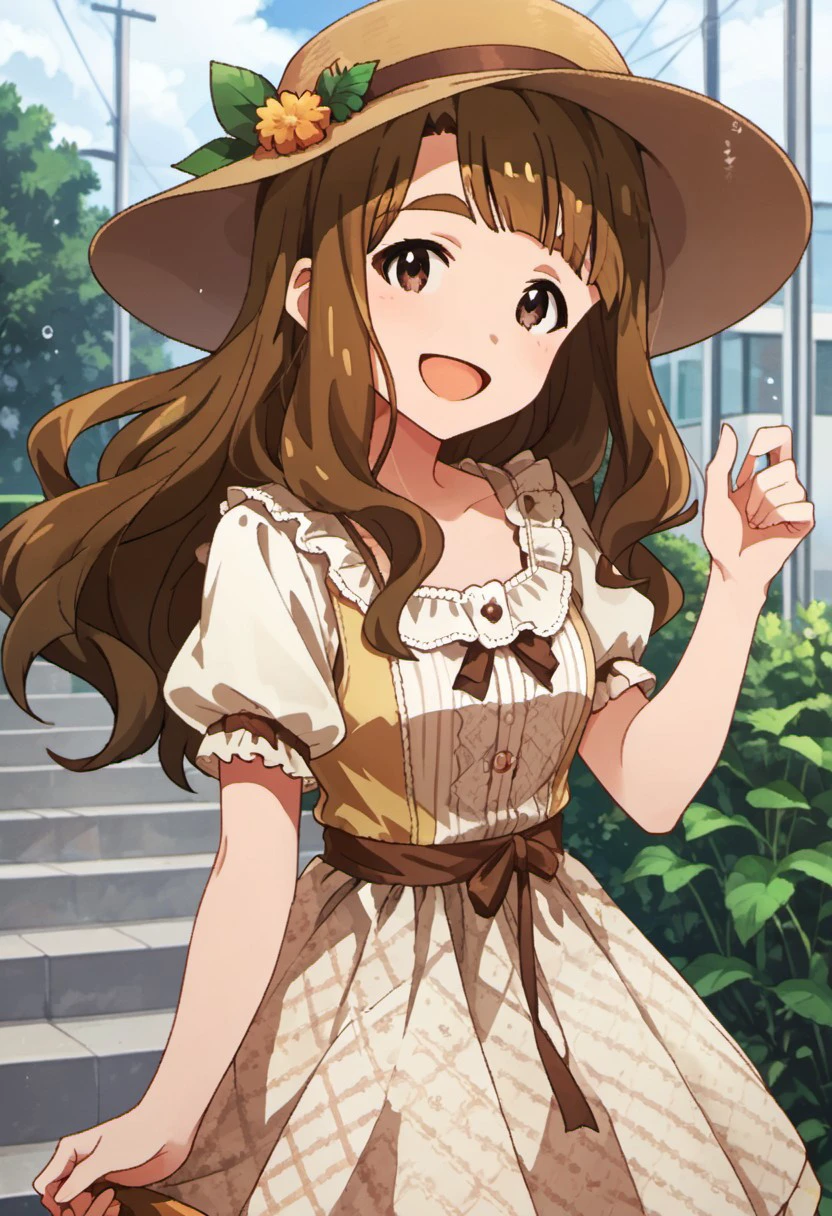 score_9, score_8_up, score_7_up, source_anime,miyao miya, brown hair, long hair, brown eyes, 1girl, hat, smile, open mouth, solo, looking at viewer, :d, dress