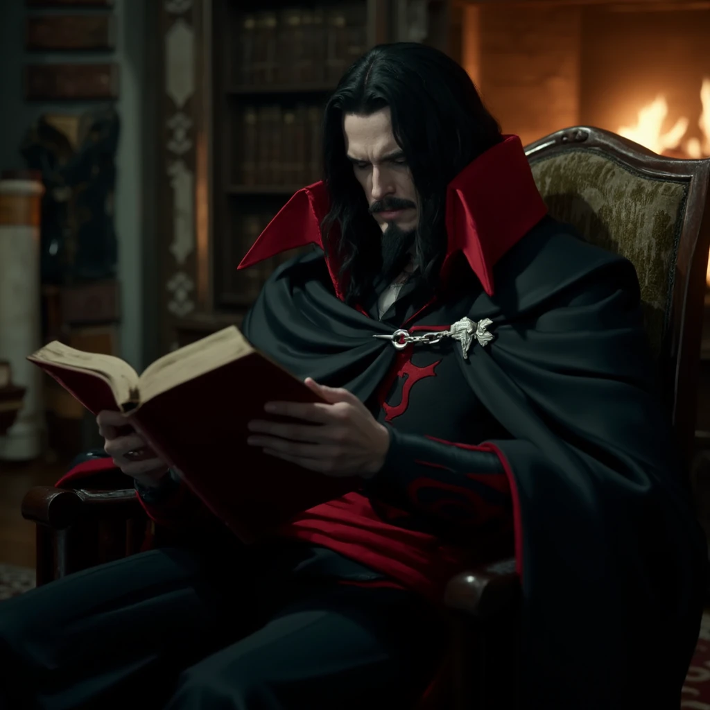 Dracula, at night, reading a book in a chair in his private study, surrounded by scrolls and tomes next to a fireplace.  <lora:dracula_v2:1.3>  film scene from Denis Villeneuve. Cinematography. Moody atmosphere.  Dracula is seen with his long black hair cascading around his pointed ears, his red eyes and groomed mustache and pointed goatee contrast his pale skin. He is wearing a smooth black cloak with a metal clasp with a chain.  The tall, blood-red angular  turned down collar of his cloak stands prominently around his neck, providing a sharp contrast to the dark, flowing fabric of his attire.  On his forearms he wears black bracers with red accents. He wears a red sash around his waist. Beneath the cloak, glimpses of red patterns on his dark outfit are just visible, complementing the overall color scheme.  <lora:flux_realism_lora:1>