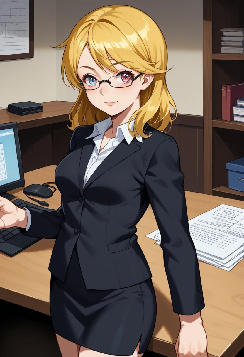 score_9, score_8_up, score_7_up, source_anime BREAK, 1girl, looking at viewer, smile, confidant, assertive female, closed mouth, office
<lora:zs_LouisaImagineXL:1> louisaimagine, blonde hair, medium hair, red eyes, blue eyes, heterochromia, glasses, black suit, white shirt, black skirt