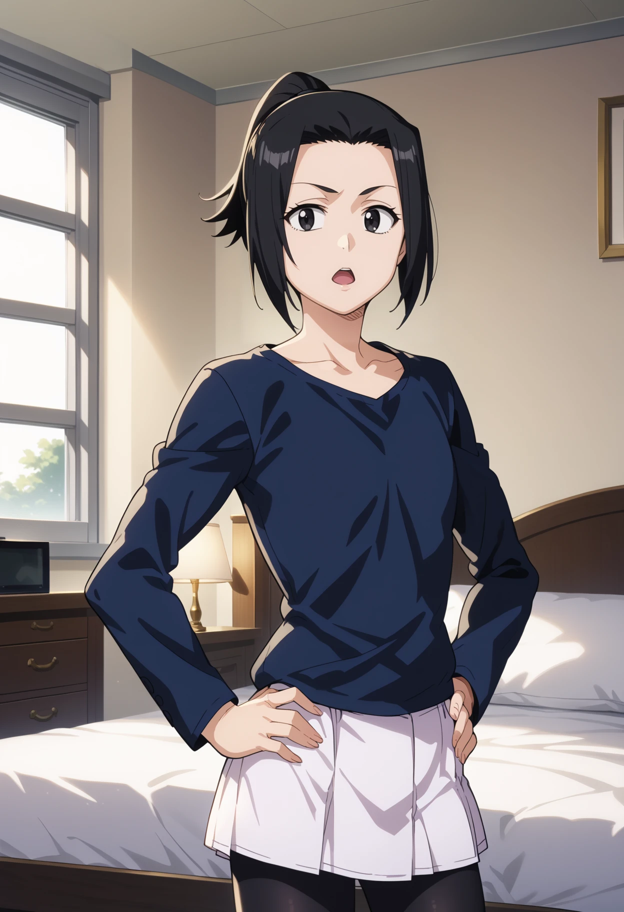 score_9, score_8_up, score_7_up, anime screencap, BREAK
1girl, karinkuro, black eyes, black hair, ponytail, short hair,
collarbone, long sleeves, black shirt, white skirt, black leggings,
hand on hip, indoors,
open mouth, solo, looking at viewer, solo, bed, bedroom background   <lora:KarinKurosakiPDXL_byKonan:1>