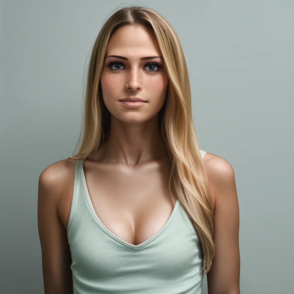 <lora:Pony_-_Jessica_Figueroa:1>, f1ggy, 1girl, solo, realistic, long hair, looking at viewer,  blonde hair, breasts, upper body, freckles, cleavage, mole under mouth, tank top,  multicolored hair, small breasts, lips