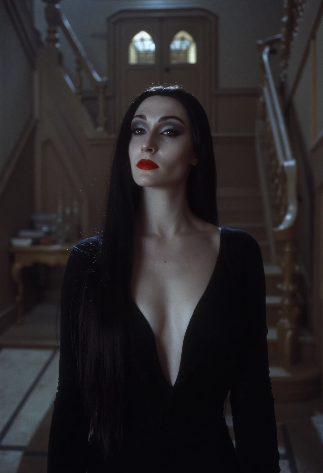 Photo of mrtc4ddms, Morticia Addams, pale skin, long black dress with v neck, sexy, haunted mansion ambience, amazing composition, high resolution photo, grainy footage, analog film, 35mm 