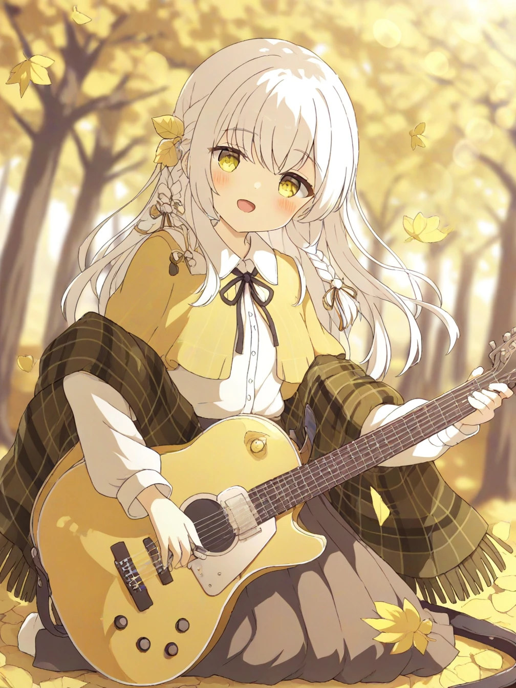 1girl,solo,instrument,skirt,shirt,white shirt,looking at viewer,plaid,autumn leaves,holding,braid,white hair,open mouth,long hair,yellow eyes,ribbon,blurry,guitar,long sleeves,outdoors,smile,kneeling,autumn,blurry background,bokeh,holding instrument,shawl,blush,black ribbon,lens flare,neck ribbon,bow,leaf,yellow theme,long skirt,collared shirt,
<lora:ill-xl-01-tyomimas_1-000032:1>,