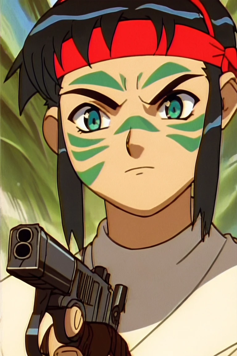 score_9, score_8_up, score_7_up, anime screencap, 1girl, kumashiro sakuya, red headband, green facial mark, upper body, holding gun, 
<lora:Sakuya_Tenchi-08:1>