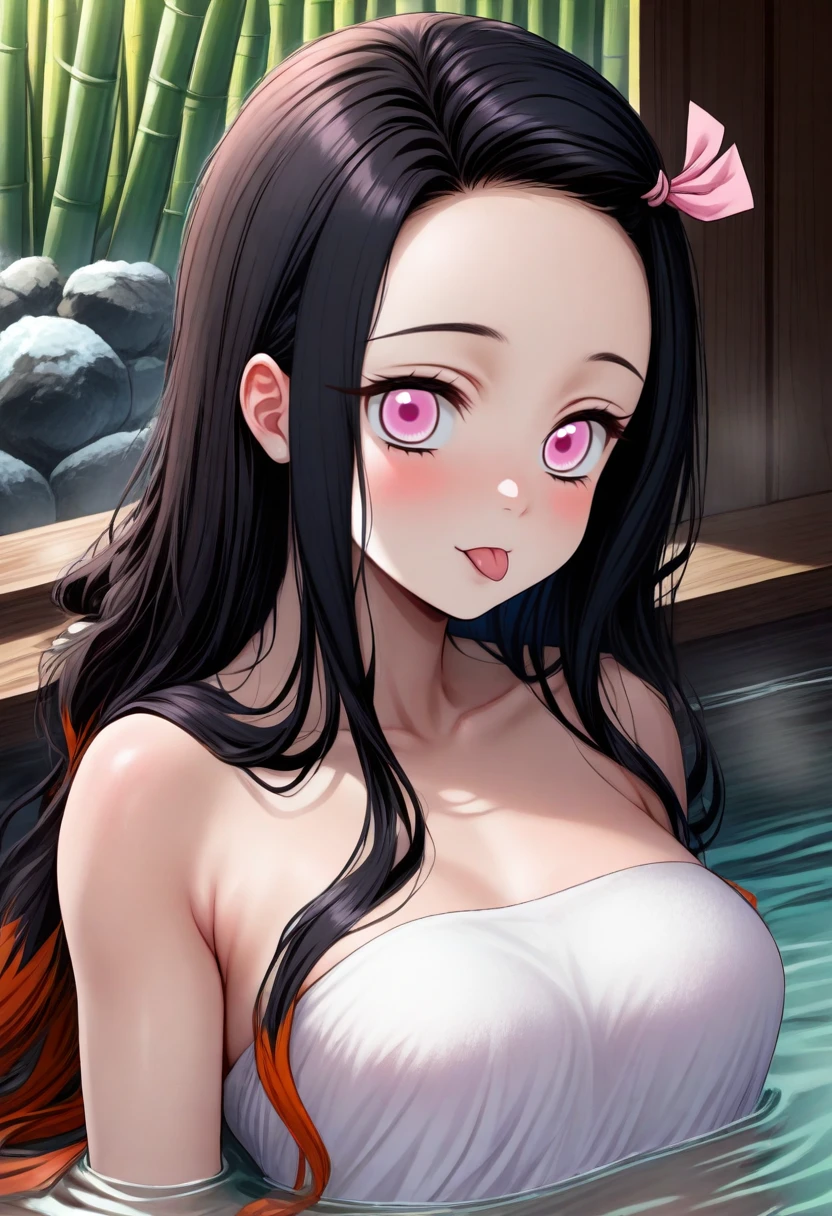 best quality, amazing quality, very aesthetic, absurdres,kamado nezuko,1girl,solo,kawaii, black hair, pink eyes,magenta pupils, pink hair ribbon, two-tone hair,orange hair,towel,bathing,submerged, long hair,onsen, bamboo,:p,tongue out,upper body,medium breasts, fuzzy towel, <lora:NezukoIllus:1>