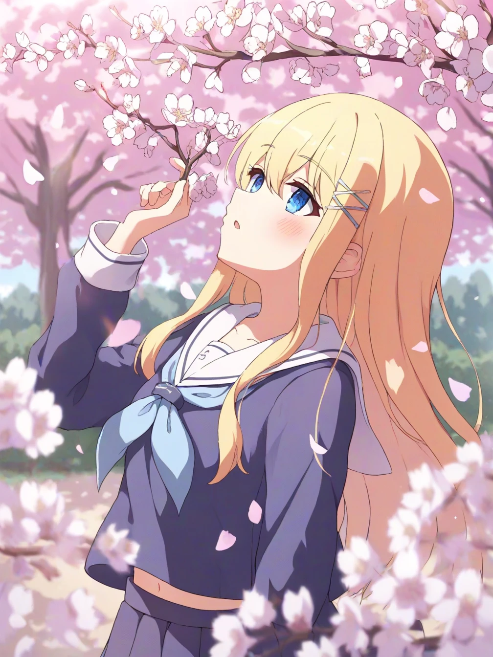 1girl,solo,hair ornament,school uniform,holding flower,blue eyes,holding,cherry blossoms,flower,serafuku,looking at viewer,neckerchief,outdoors,long sleeves,shirt,blue shirt,long hair,blonde hair,blurry,sailor collar,blue neckerchief,petals,white sailor collar,x hair ornament,skirt,branch,upper body,day,hand up,head lift,looking up,
sidelocks,depth of field,midriff peek,hairclip,navel,hair between eyes,collarbone,tree,pink flower,pleated skirt,midriff,spring \(season\),sunlight,holding branch,from side,
<lora:ill-xl-01-tyomimas_1-000032:1>,