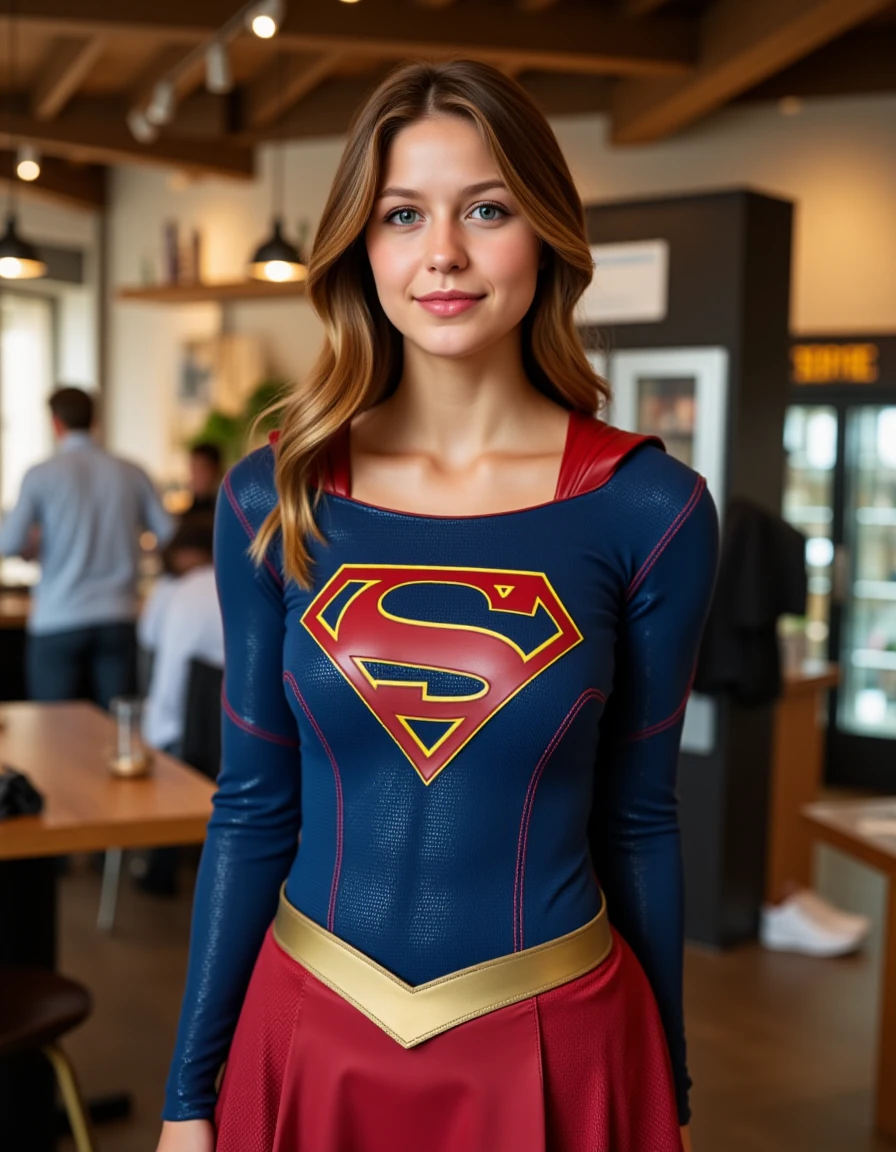 <lora:supergirl_dev_f1:1> a beautiful woman supergirl , standing in a coffee shop