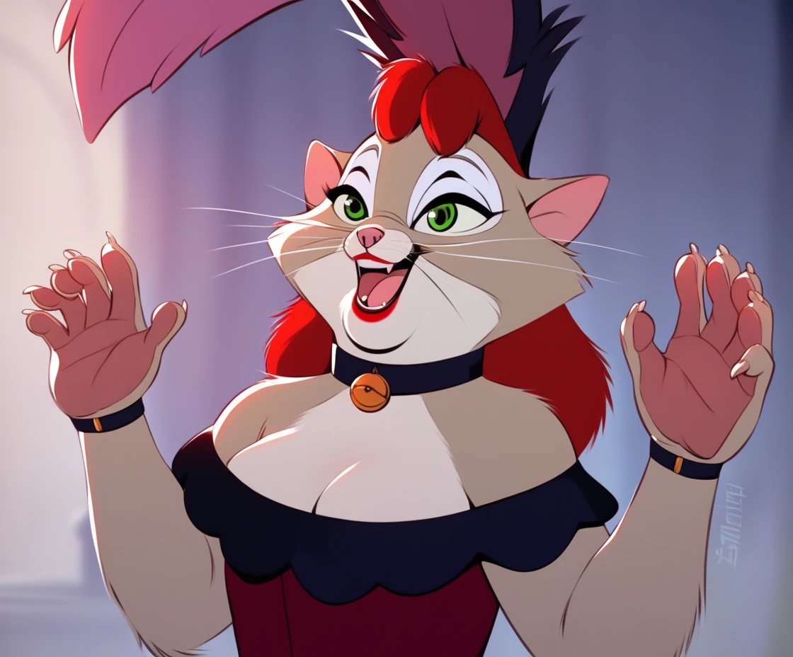 score_9, score_8_up, score_7_up, score_6_up, score_5_up, score_4_up, realistic, cinematic lighting, solo, miss kitty, dress, lipstick, red hair, feather headwear, female, green eyes, rose, open smile, hands up, collar, lakeside, by fortunefox, <lora:MissKittyXL_03-Pony-nd32-lr2e-4-ep08:1>