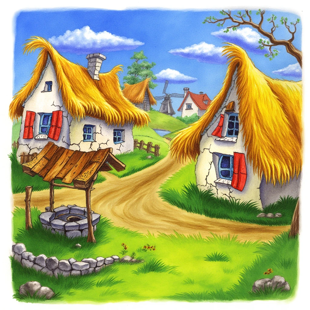 The PIVIG image style. The image is a vibrant, whimsical watercolor painting depicting a quaint, rustic village scene. The style is reminiscent of a storybook illustration with exaggerated, colorful elements. The foreground features two houses with thatched roofs, the straw on the roofs a bright, golden yellow. The houses have weathered, cracked, off-white walls with red shutters on the windows, one of which is open, revealing a blue interior. The shutters are painted in a deep red with a hint of blue, contrasting with the warm tones of the houses.

In the middle ground, a stone well with a worn, wooden cover stands to the left, surrounded by lush green grass. A narrow, winding dirt path runs from the bottom left corner of the image, leading the viewer's eye towards the background. The path is flanked by more thatched roofs and a small stone wall. 

The background features more houses, some with red-tiled roofs, and a small, rustic windmill with a tall, slender tower. The sky above is a brilliant blue with fluffy white clouds, adding depth and contrast to the scene. A few trees with sparse, leafy branches are scattered throughout, contributing to the pastoral setting.