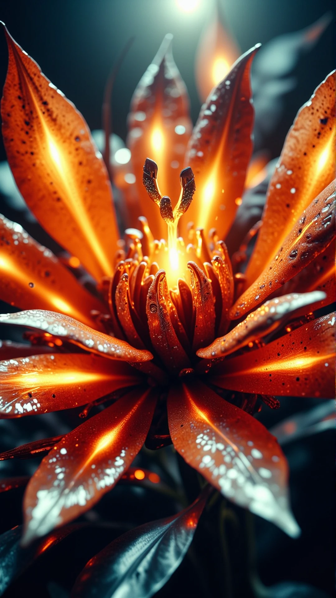 <lora:HalloweenGlowStyleFlux:1>HalloweenGlowStyle orange themed Vibrant colors, metal petals, magnetic field, futuristic, glowing accents, soft lighting, dynamic motion, close-up view, nature meets technology, surreal, abstract, intricate details, high resolution, detailed texture, vivid, contrast, depth of field