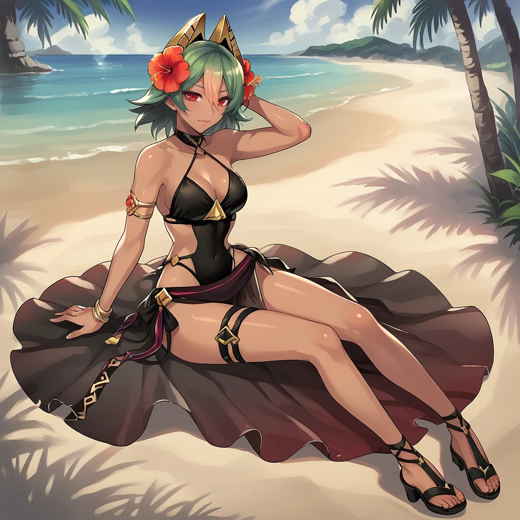 score_9, score_8_up, score_7_up, score_6_up, score_5_up, score_4_up, zPDXL2,source_anime,rating_questionable,1girl, solo, beach, tropical, sunny, <lora:laegjarn_fire_emblem:0.8>Laegjarn_FE, green hair,  gradient hair, hair between eyes, dark-skinned female, red eyes, black one-piece swimsuit, sarong, high heels, thigh strap, sandals, jewelry, hair ornament, hair flower,