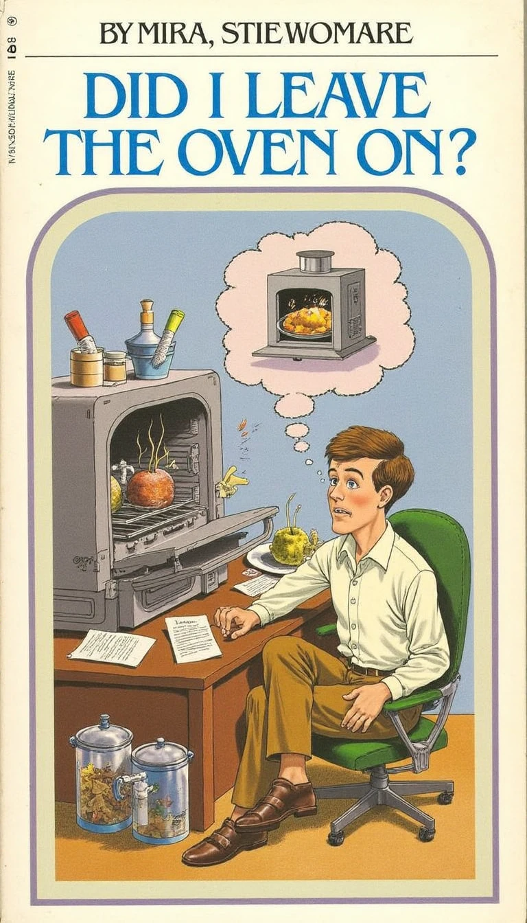 cy04, a book titled "Did I Leave The Oven On?", an illustration of a man sitting at work, looking worried, thought bubble above his head with an oven in it