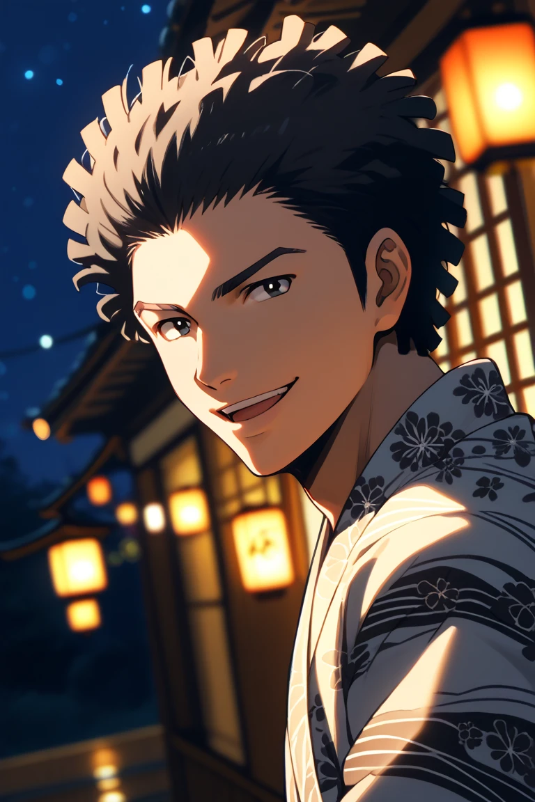 score_9, score_8_up, score_7_up, source_anime, rating_questionable, night, bloom, glowing, natural lighting, male focus, looking at viewer, leaning forward, smiling, TaiseiAC, black_Taisei_afro, black_Taisei_eyes, yukata, japanese clothes, open mouth, happy, 1boy, blurry outdoors lantern festivals, food stalls, from side, dutch angle, intricately detailed illustration, atmospheric perspective, depth of field, realistic shading, orange theme