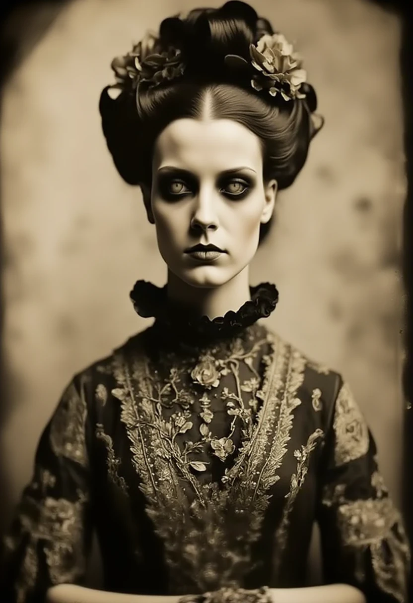vicgoth, A portrait of a woman with hollow, dark eyes. She has an elaborate updo with flowers and wears an ornate dress with intricate patterns. The image has an aged photograph look with slight vignetting around the edges., <lora:victoriangothic_v50_rank64_bf16-step01500:1>