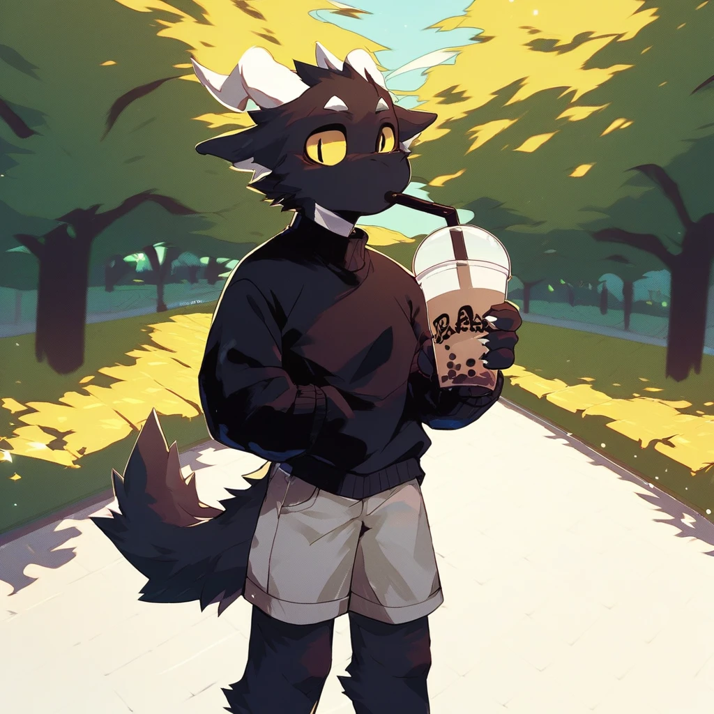 score_9_up, score_8_up, score_7_up, source_furry, mikus-style, black dragon, black body, white horns, yellow eyes, park, holding, bubble tea, black sweater, gray shorts, 1boy, solo