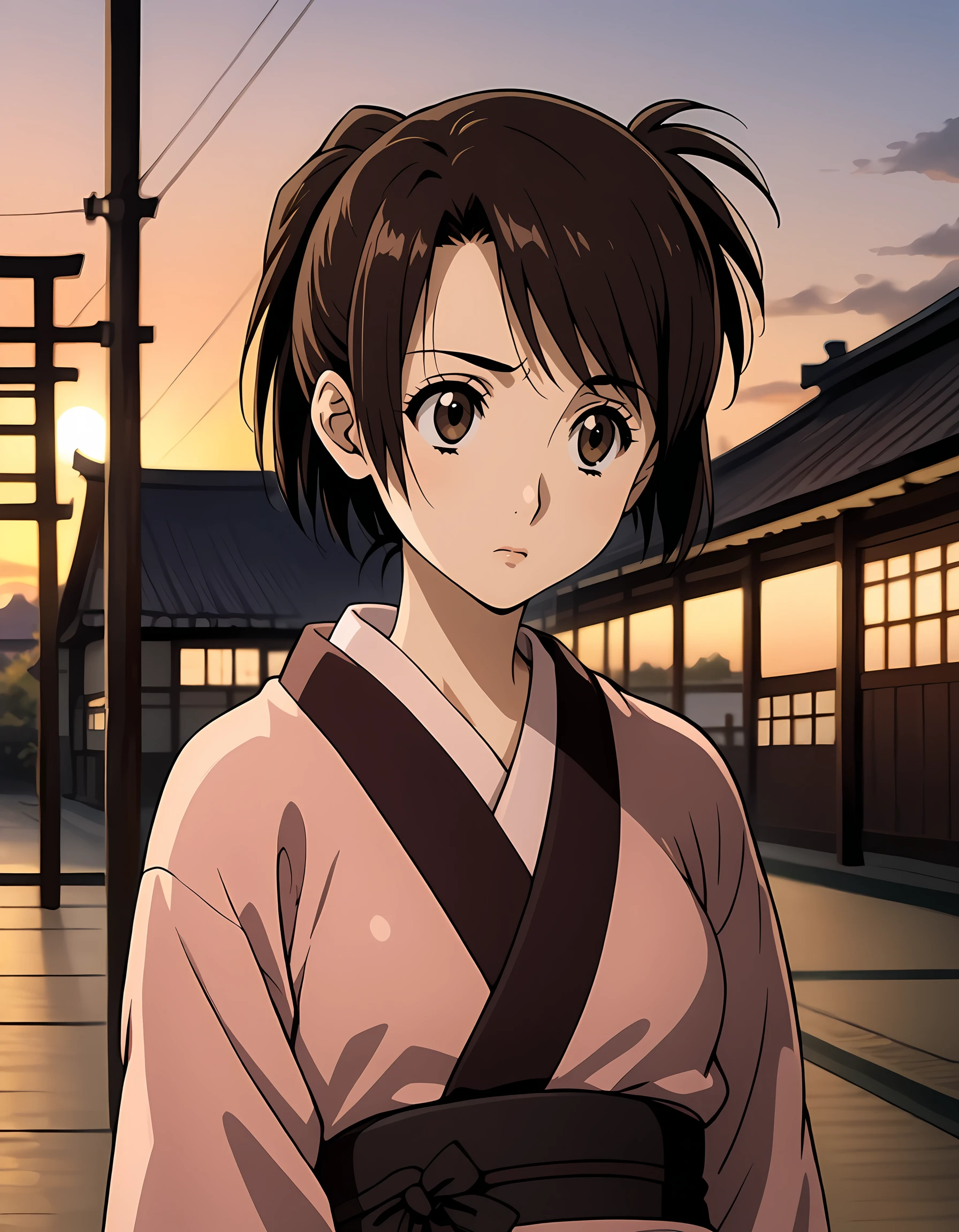 <lora:Fuu Samurai Shamploo:1> fuu, 1girl, solo,
japanese clothes, looking away, public, thinking, front view,
sunset, old japanese town, cinematic lighting, depth of field, blurry background