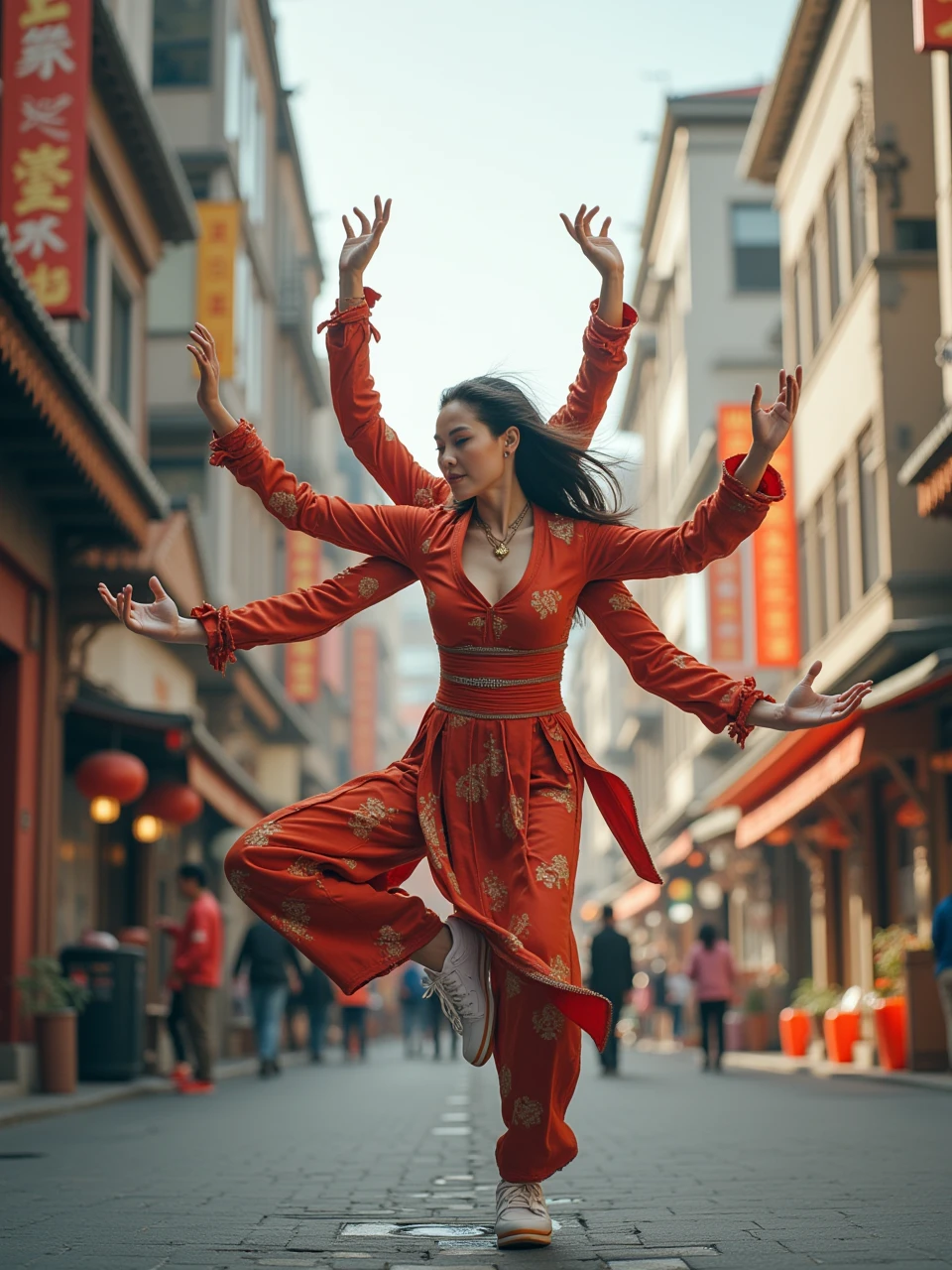 papiyan,dynamic_pose of a chinese female has multiple arms and dancing pose in city