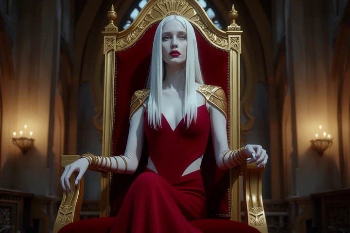 Carmilla seated on her ornate throne in a gothic castle, plotting under candlelight. <lora:carmilla_v1:1.2> cinematography. moody atmosphere. film scene by denis villeneuve. Carmilla's long straight bright white hair and white eyebrows, her short sleeved low-cut red gown with a high red collar with gold accents and open sides adorned with golden shoulder pads, hugs her figure while flowing gracefully. Her arms are bare except for gold metal forearm bracelet wraps. She has ghostly pale skin. Her icy blue eyes maintain contact.  from above.