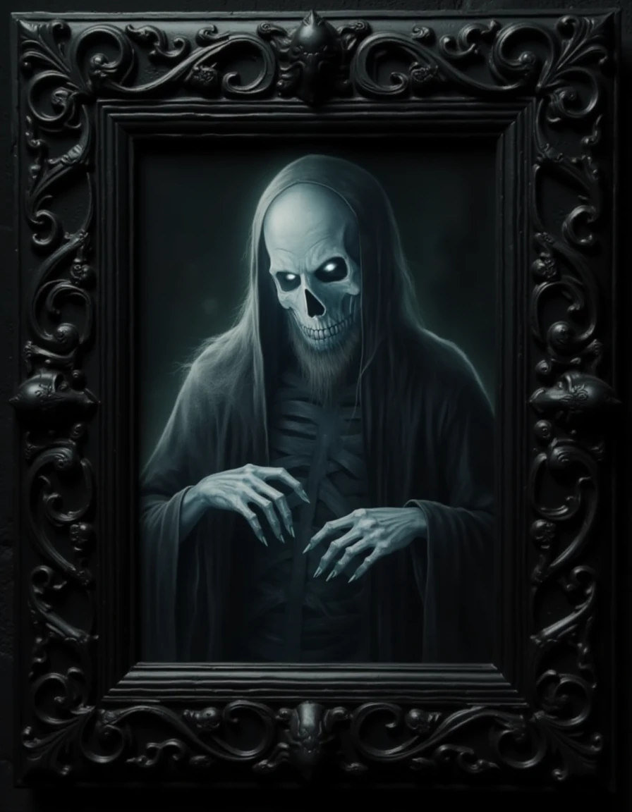 A haunting portrait of a skeletal ghost is encased in a black, ornate picture frame, its intricate carvings accentuating the eerie figure within. The ghostâs hollow eye sockets glow faintly, casting an unsettling light across its gaunt, bony features. Draped in tattered, spectral robes, the ghost seems to emerge from the dark, shadowy background, its skeletal hands resting delicately in the foreground. The polished black frame, adorned with swirling gothic designs and subtle skull motifs, contrasts sharply with the pale, ghostly figure, giving the image a timeless and macabre elegance. The portrait feels alive, as if the ghost is watching silently, forever bound within the confines of the intricate frame <lora:lotrghost_v1:0.8>