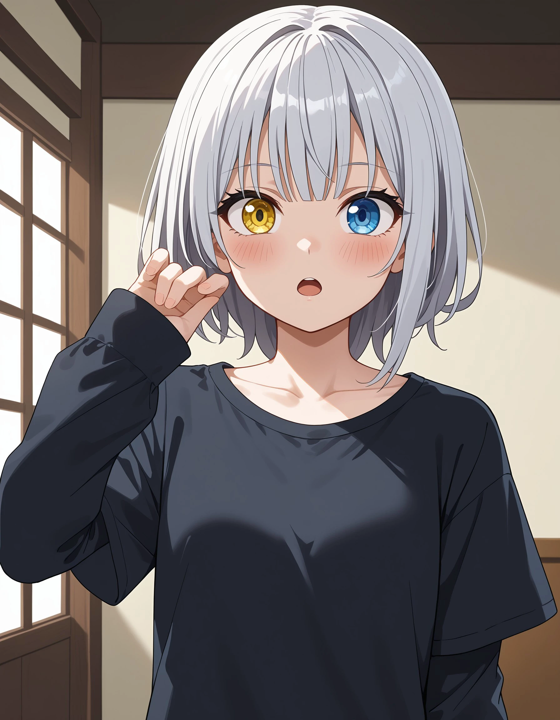 (masterpiece), best quality, expressive eyes, perfect face, raana, white hair, grey hair, (yellow eyes:1.1), (blue eyes:1.1), heterochromia, looking at viewer, blush, open mouth,  shirt, long sleeves, collarbone, white shirt, short sleeves, cowboy shot, hand up, sleeves past wrists, black shirt, <lora:52ee4333-ce8b-4b71-a0e5-c6ecbe41a346:0.7>