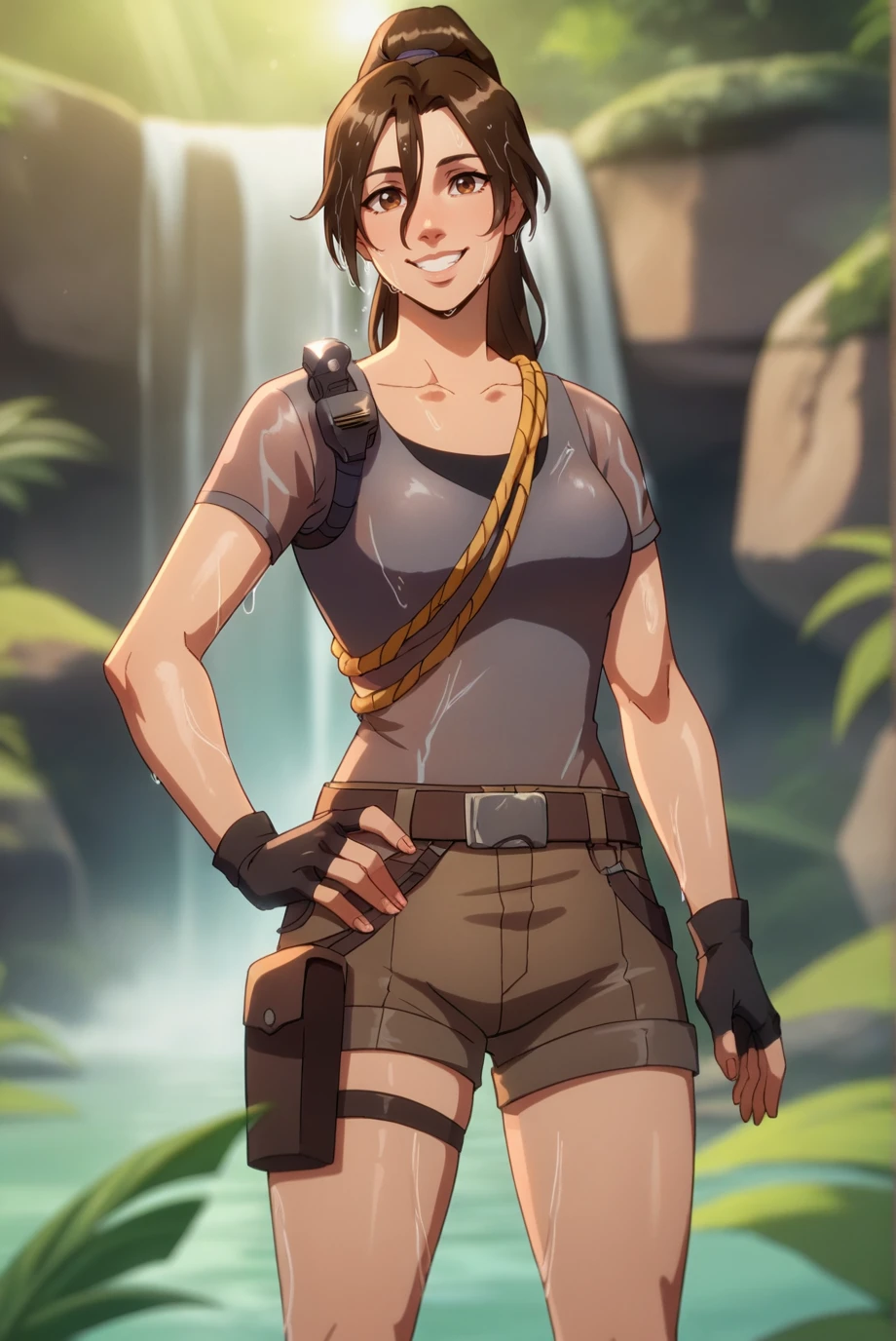 score_9, score_8_up, score_7_up, score_6_up, score_5_up, score_4_up, BREAK source_anime, 1girl, solo,
<lora:LaraCroftXL-v1-07:0.8>, ChopioLara, brown hair, brown eyes, looking at viewer,
long hair, high ponytail, hair between eyes, hair tie,
outfit_1, t-shirt, black undershirt, short sleeves, fingerless gloves, black gloves, brown belt, brown shorts, thigh strap, thigh pouch, white socks, boots, brown footwear,
radio, rope,
outdoors, jungle, boulder, under waterfall, standing, hand on own hip, smile, light rays, bokeh, wet hair, wet clothes, wet skin, depth of field, blurry,