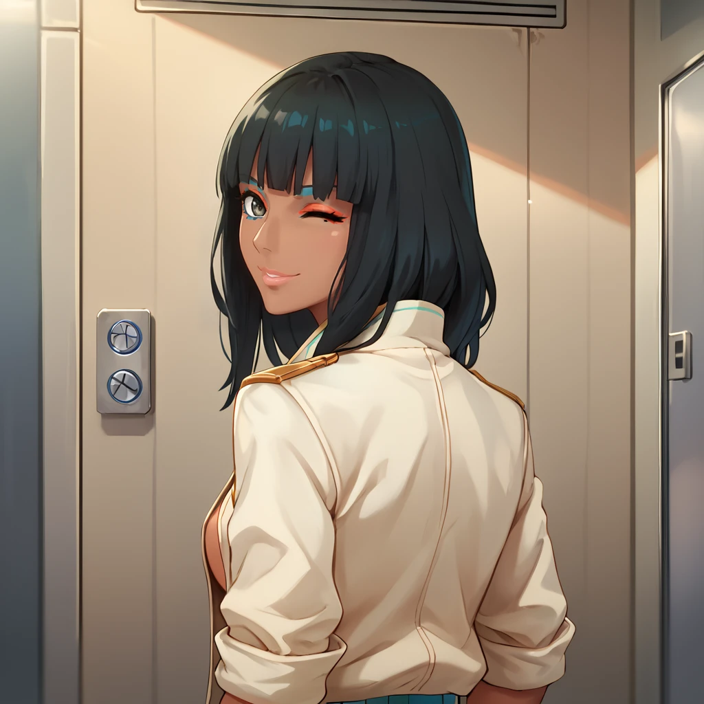 score_9, score_8_up, score_7_up, 1girl, solo, uncensored, nonaryalice, smile, wink, looking at viewer, looking back, from behind, upper body, dark-skinned female, black hair,  white jacket, indoors, elevator, laboratory, modern, metal wall <lora:NonaryAliceXL_v1.0:1>