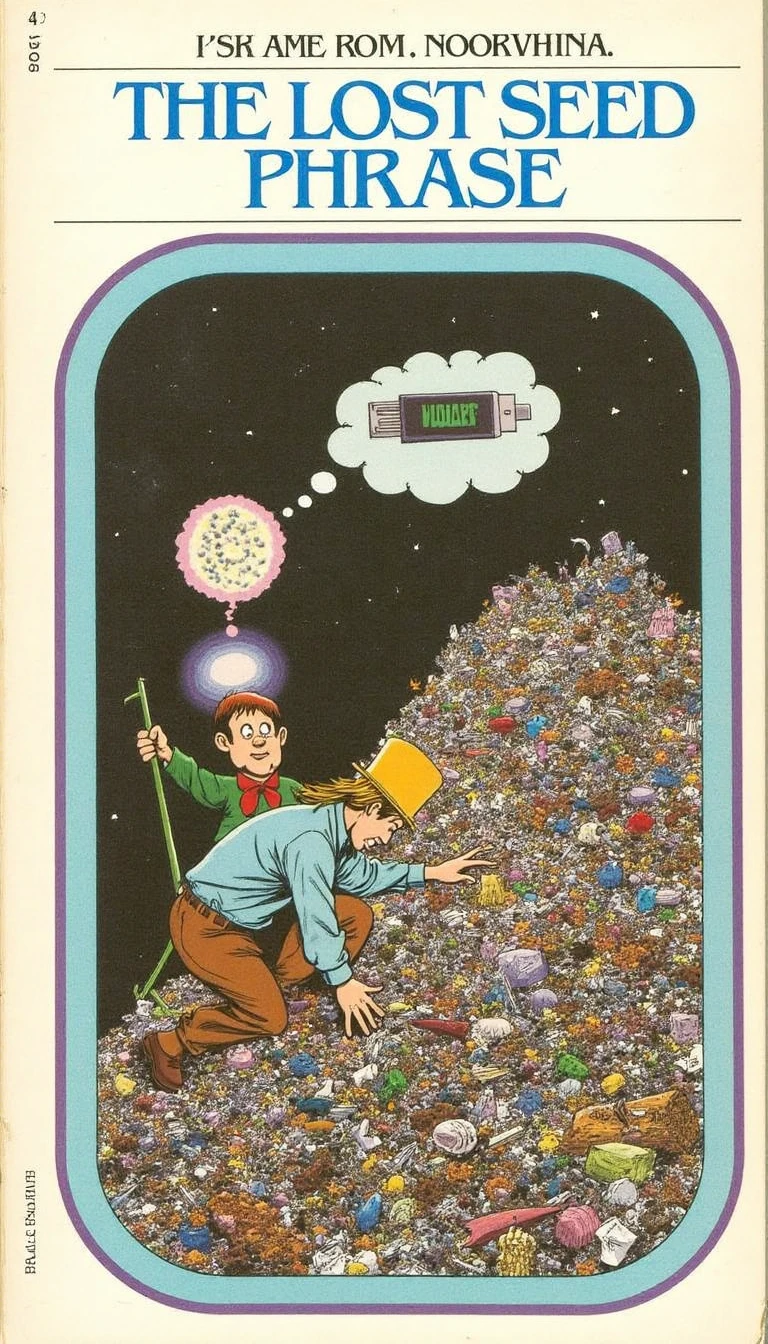 cy04, text at the top "Choose from 58 possible endings!" a book titled "The Lost Seed Phrase", a nerd picking through a massive pile of garbage looking with a little thought bubble of a usb stick above his head
