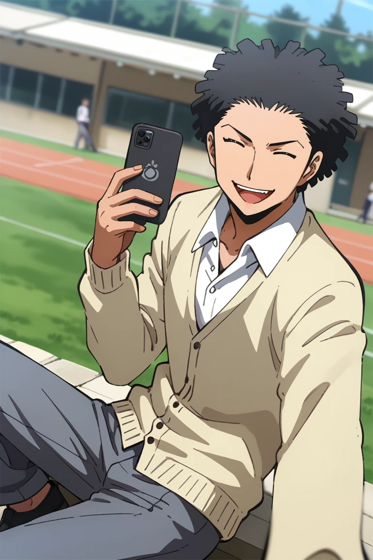 score_9, score_8_up, score_7_up, source_anime, rating_safe, day, natural lighting, male focus, selfie, sitting, TaiseiAC, black_Taisei_afro, closed eyes, yellow_Taisei_cardigan, white_Taisei_collared shirt, grey_Taisei_pants, black_Taisei_shoes, wide smile, teeth, open mouth, happy, 1boy, blurry outdoors, dutch angle, intricately detailed illustration, depth of field, atmospheric perspective