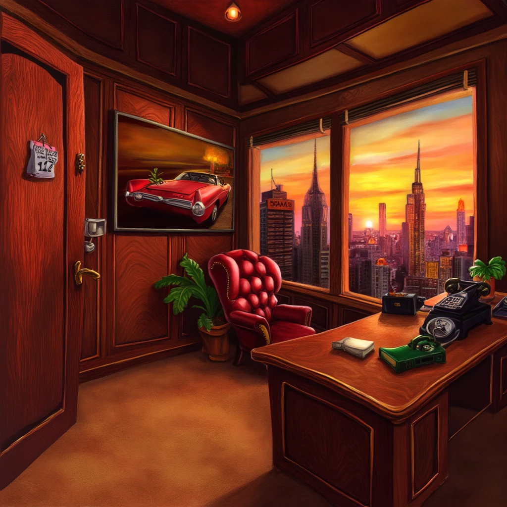 The PIVIG image style. This is a detailed, digitally created illustration depicting a luxurious, retro-style office or lounge. Location: America. The room features a rich, warm color palette dominated by earthy tones of wood, red, and green. The walls are made of polished wood panels with a distinctive grain pattern. A large, framed poster of a vintage car, a 1960s model, is prominently displayed on the wall, adding to the nostalgic atmosphere.

In the center-right of the image, a wooden desk is adorned with various items: a vintage rotary phone, a green potted plant, and a small, leather-bound book. Behind the desk, a large window offers a stunning view of a cityscape at sunset, with buildings bathed in warm, golden light. The cityscape suggests a modern metropolis, possibly New York, with skyscrapers and a mix of modern and older architecture.

To the left, a plush, red, tufted armchair with a noticeable tear on the cushion sits invitingly. Near the armchair, a calendar with the date, little sign is pinned to a wooden door, labeled "FURMANOFF." The floor is covered in a plush, beige carpet.