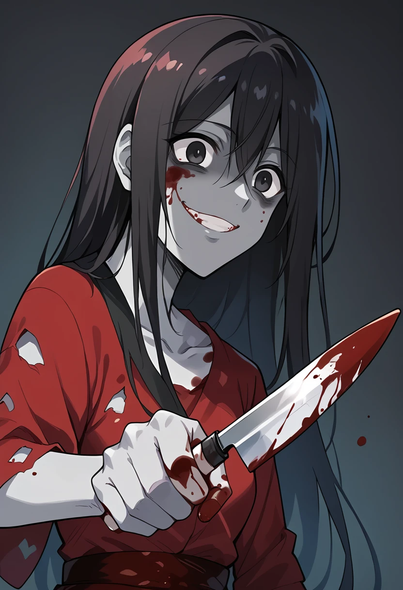 masterpiece, best quality, uncensored, source_anime, score_9, score_8_up, score_7_up, score_6_up, score_5_up, score_4_up, 1girl, solo, sachiko shinozaki, colored skin, grey skin. long hair, black hair, black eyes, red dress, torn clothes, yandere, evil smile, blood, blood on face, blood on clothes, blood on body, holdkknife, upper body,holding,holding knife,kitchen knife <lora:SachikoShinozaki:0.8> <lora:HoldingKnife_Pony_V1.0:1>