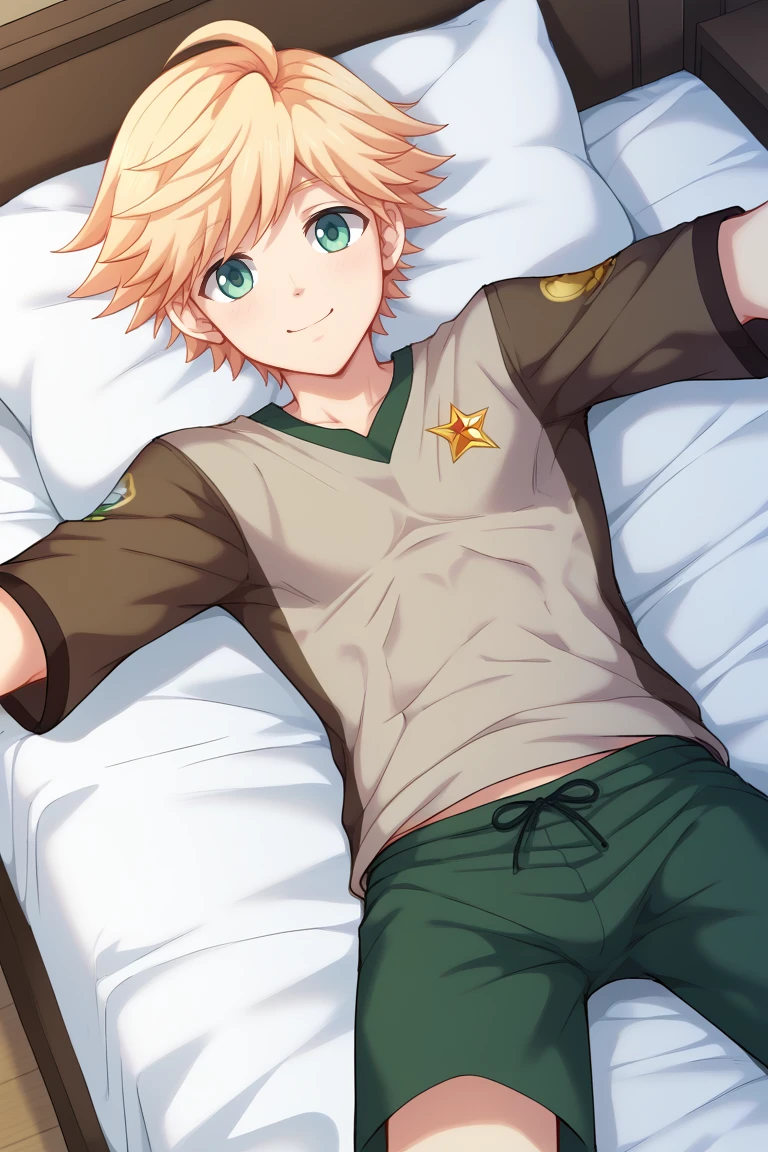 Chico de.16 years old in yellow speedo floating in space with a background of galaxies with American facial features light green eyes golden blonde hair thin thin nose full body