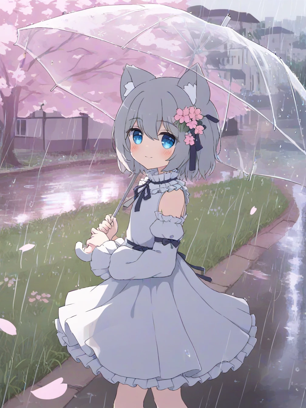 1girl,solo,cherry blossoms,hair flower,pink flower,hair ribbon,cat ears,animal ear fluff,grey hair,short hair,bangs,blue eyes,hair between eyes,eyebrows visible through hair,blush,neck ribbon,white dress,frilled collar,medium dress,petticoat,detached sleeves,flat chest,legs,
holding umbrella,looking at viewer,light smile,standing,
road,outdoors,water,rain,transparent umbrella,grass,reflection,building,
from side,
<lora:ill-xl-01-tyomimas_1-000032:1>,