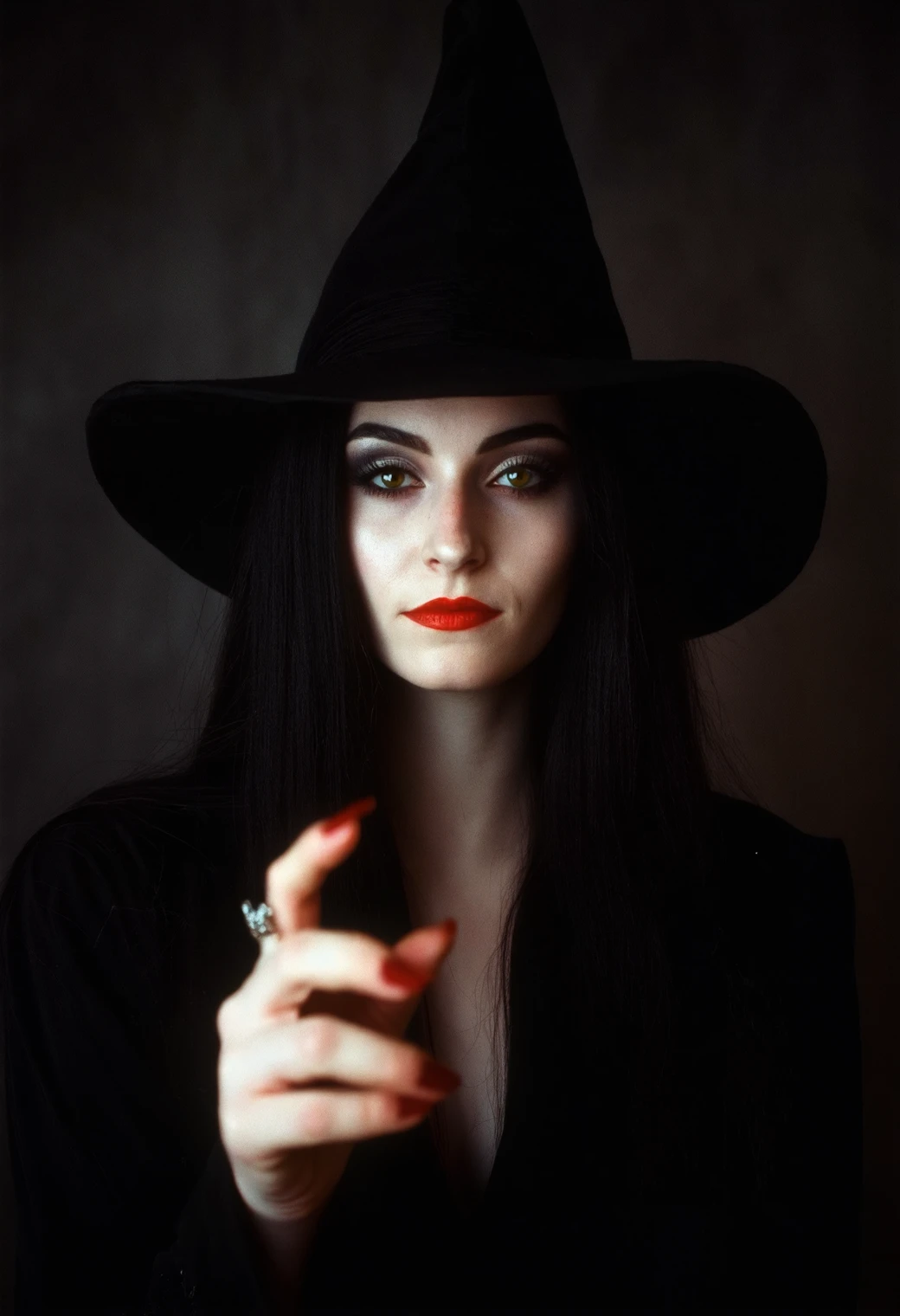 photo of mrtc4ddms, she is putting a spell on the viewer, witch, halloween, goth, 35mm, chiaroscuro, perfect natural lighting, analog film, professional photo shoot