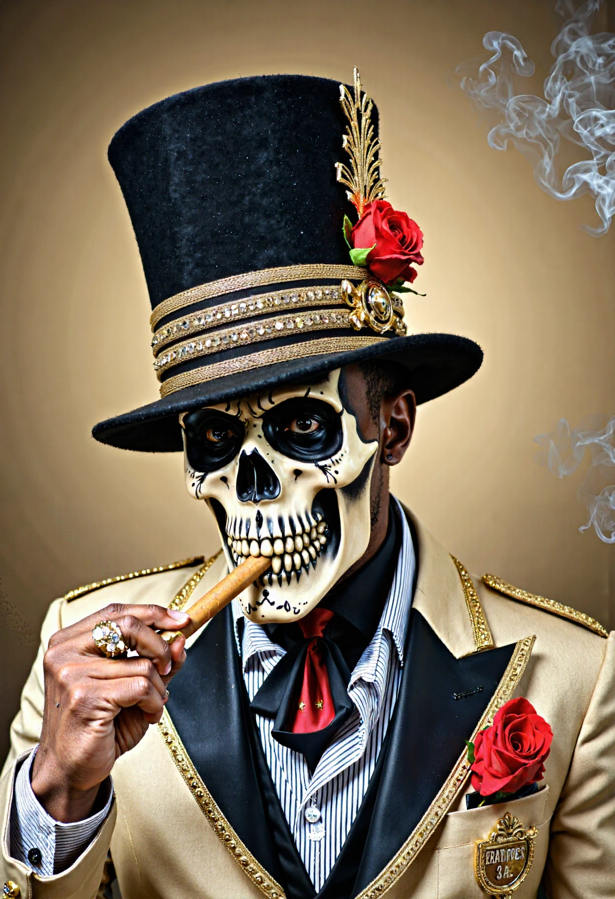 baron_samedi, A dramatic, Baron Samedi is a black man with a three-piece beige suit embroidered with gold, with a black lapel. On the lapel of the suit he wears a red rose. He wears a black top hat, the hat is trimmed with gold decorations of gold straps with a red rose. He wears a black ascot with gold trim, under his suit he wears a white striped shirt, he wears skull makeup and smokes a huge cigar. He wears a white fabric bracelet and two gold bracelets on his wrist.