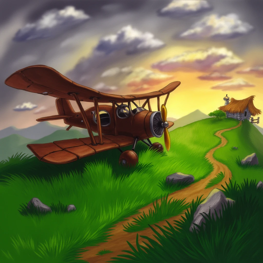 The PIVIG image style. The image is a digital drawing in a whimsical, cartoonish style, depicting an abandoned, vintage biplane situated on a grassy hillside. The biplane, painted in a worn, rusty brown, has two open cockpits and a single propeller at the front, with the wheels slightly off the ground, giving it an abandoned, forgotten appearance. The plane's fabric is torn in places, and its landing gear is partially collapsed, suggesting it hasn't flown for a long time.

The ground beneath the plane is covered in lush, vibrant green grass, interspersed with a few scattered rocks and a winding dirt path that leads into the distance. The grass is detailed with individual blades, adding texture and depth to the scene. 

In the background, the sky is painted with dramatic, swirling clouds in shades of gray, white, and purple, indicating an overcast or stormy day. The horizon is a blend of warm oranges and yellows, suggesting either sunrise or sunset, casting a soft, diffused light over the scene.

To the right of the plane, there's a small, rustic cabin with a thatched roof, blending into the natural landscape, adding to the whimsical, slightly surreal atmosphere.