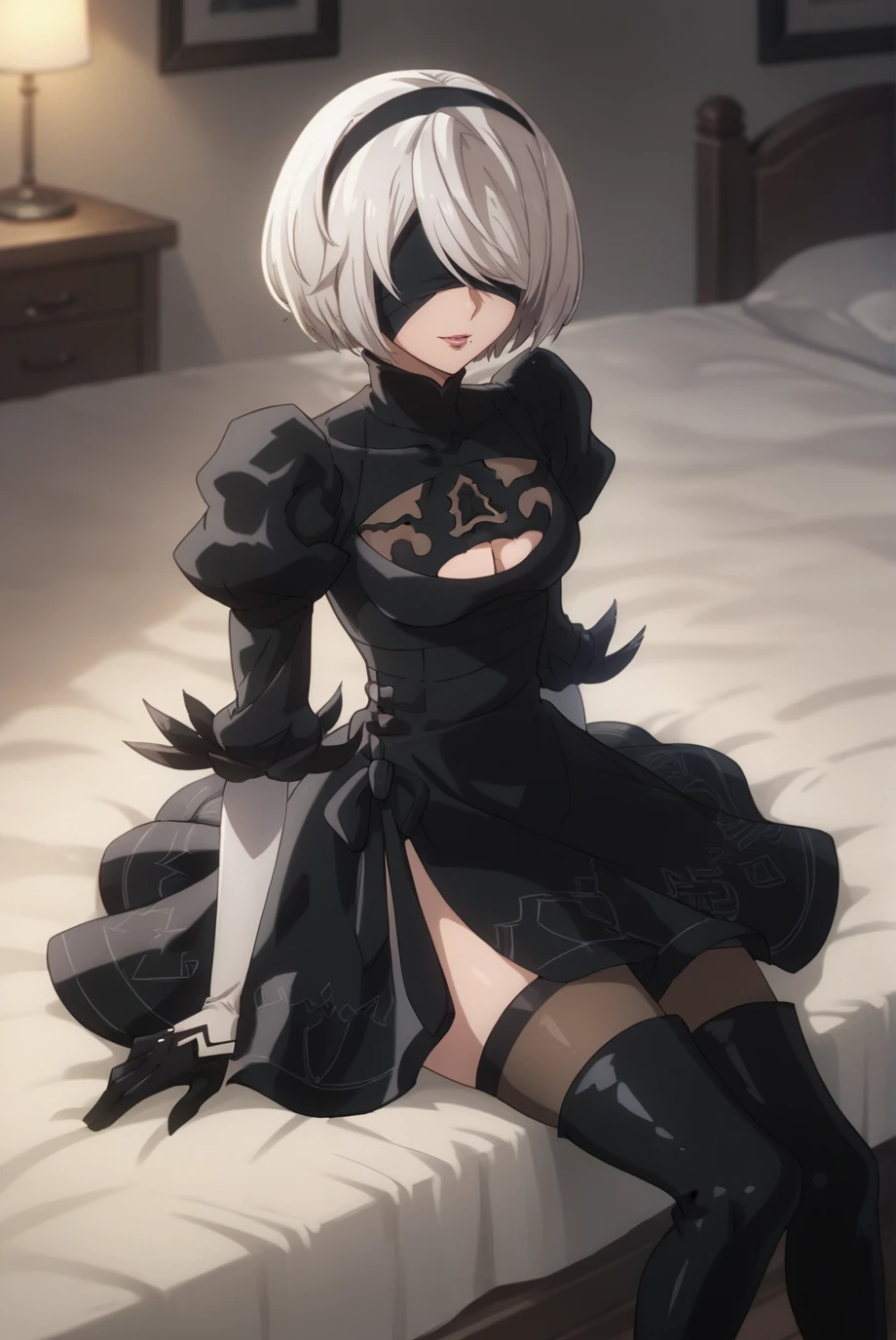 [n_2b], [nier automata], ((masterpiece)), ((HD)), ((high res)), ((solo portrait)), ((waist up)), ((back view)), ((low angle view)), ((detailed shading)), ((intricate details)), {(beautiful woman), (slim figure), (short white hair), (small breasts), (curvy hips), (beautiful legs), (lush lips), (blank expression)}, {(black dress), (white thong leotard), (black blindfold), (black hairband), (opaque black thighhighs), {(standing), (dynamic pose), (wieldimg sword)}, [ambient lighting, ruined city, grey sky]