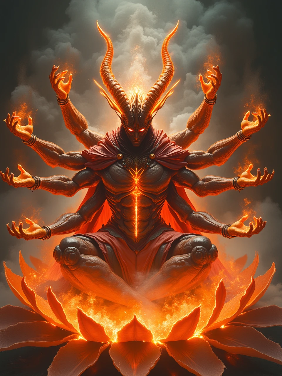 papiyan,fantasy photo of the deamon has multiple arms,sitting in flaming lotus_pedestal, 