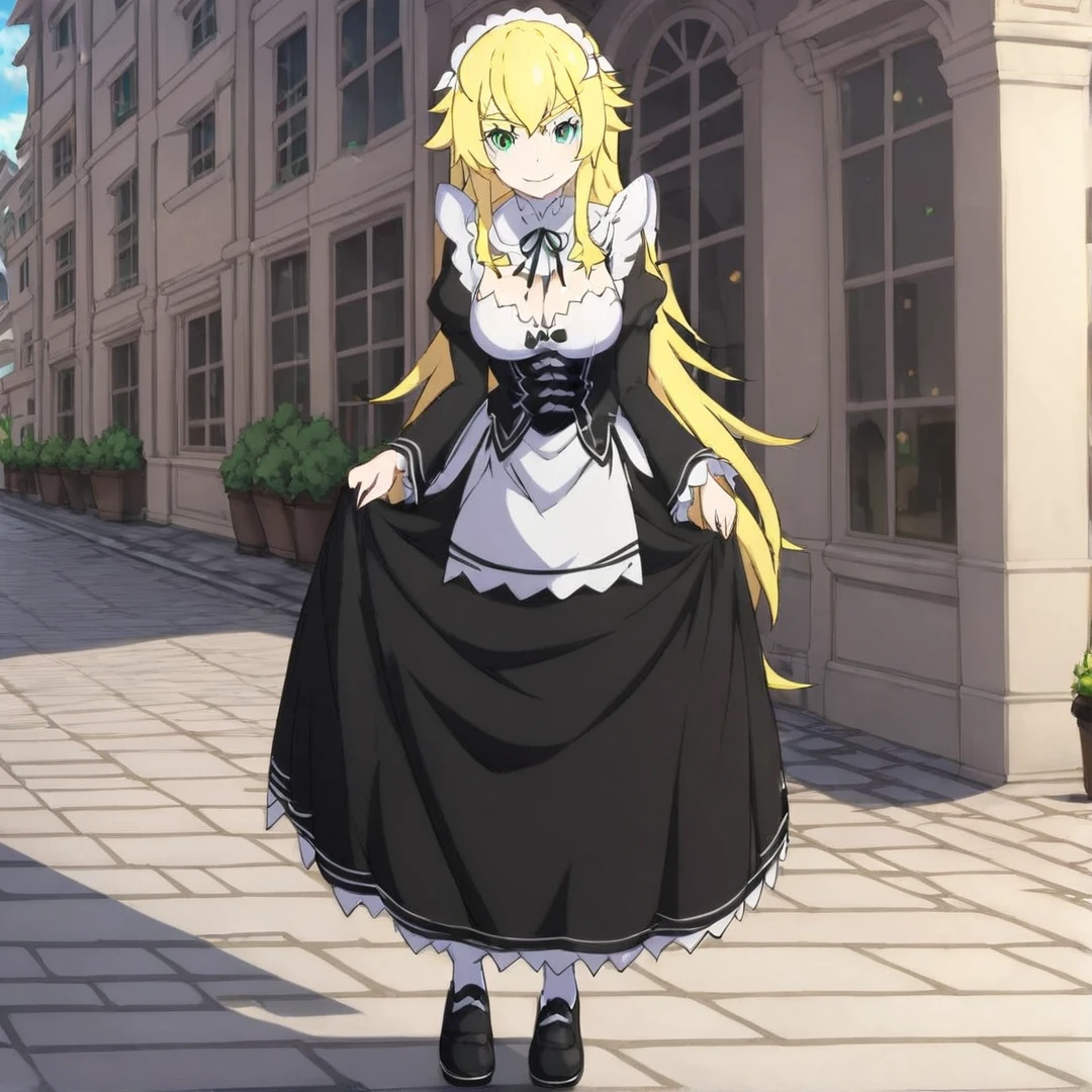 <lora:Frederica:1>, frederica, pale gold hair, green eyes, has a muscular build, a mouth, sharp fangs, maid outfit, large breasts, black shoes, cute face, long hair, solo, in a city, full body, looking at viewer