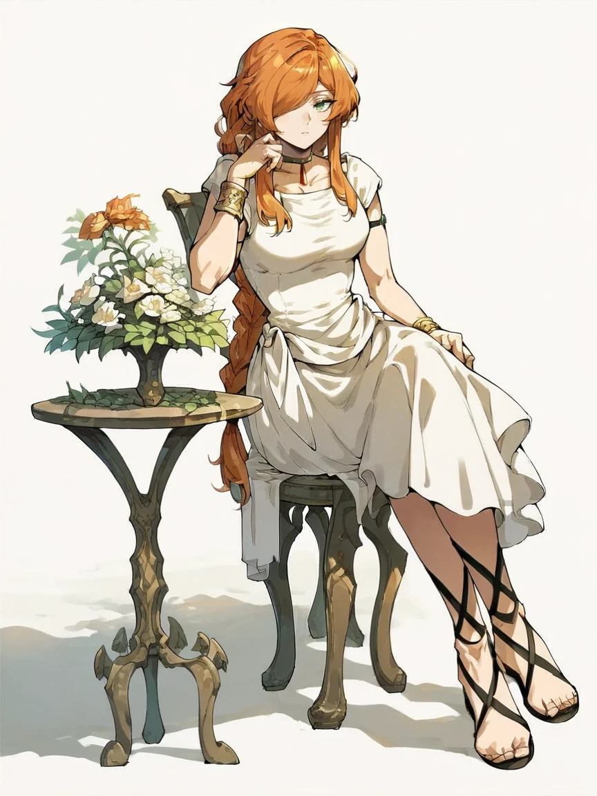 score_9, score_8_up, score_7_up, score_6_up, score_5_up, <lora:flammeXLP:1> flamme, 1girl, long hair, solo, braid, orange hair, hair over one eye, white dress, choker, sandals, green eyes, bracelet, sitting, white background,