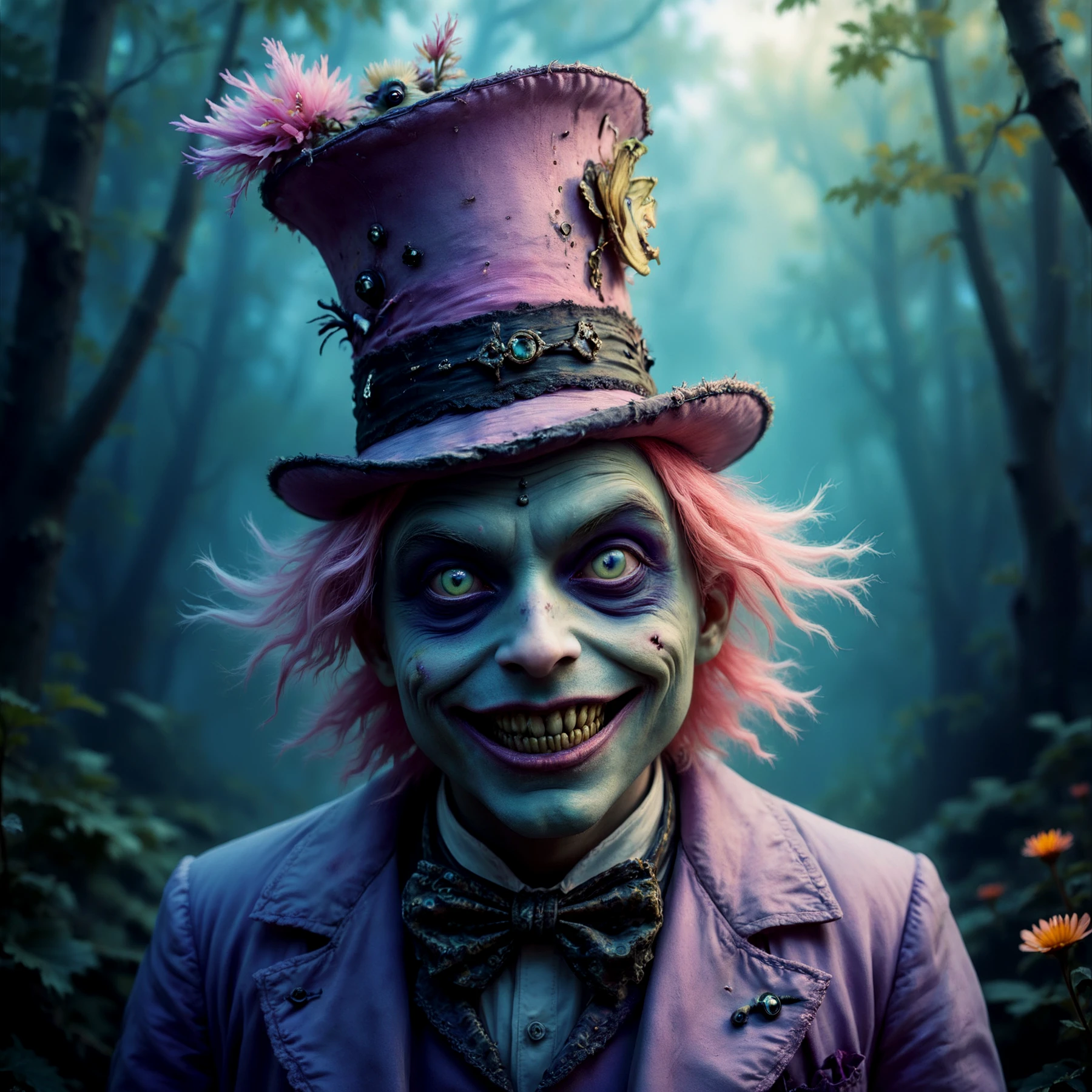 A pastel alien Mad Hatter with a hideous smile, from Alice's Adventures in Wonderland.

He has evil eyes and a dark gash for a mouth. The atmosphere is malevolent. Atmospheric, moody.

<lora:FantasyPastel01-04_CE_SDXL_64x32x180x2bOT:1>
FntsyPstlCE style