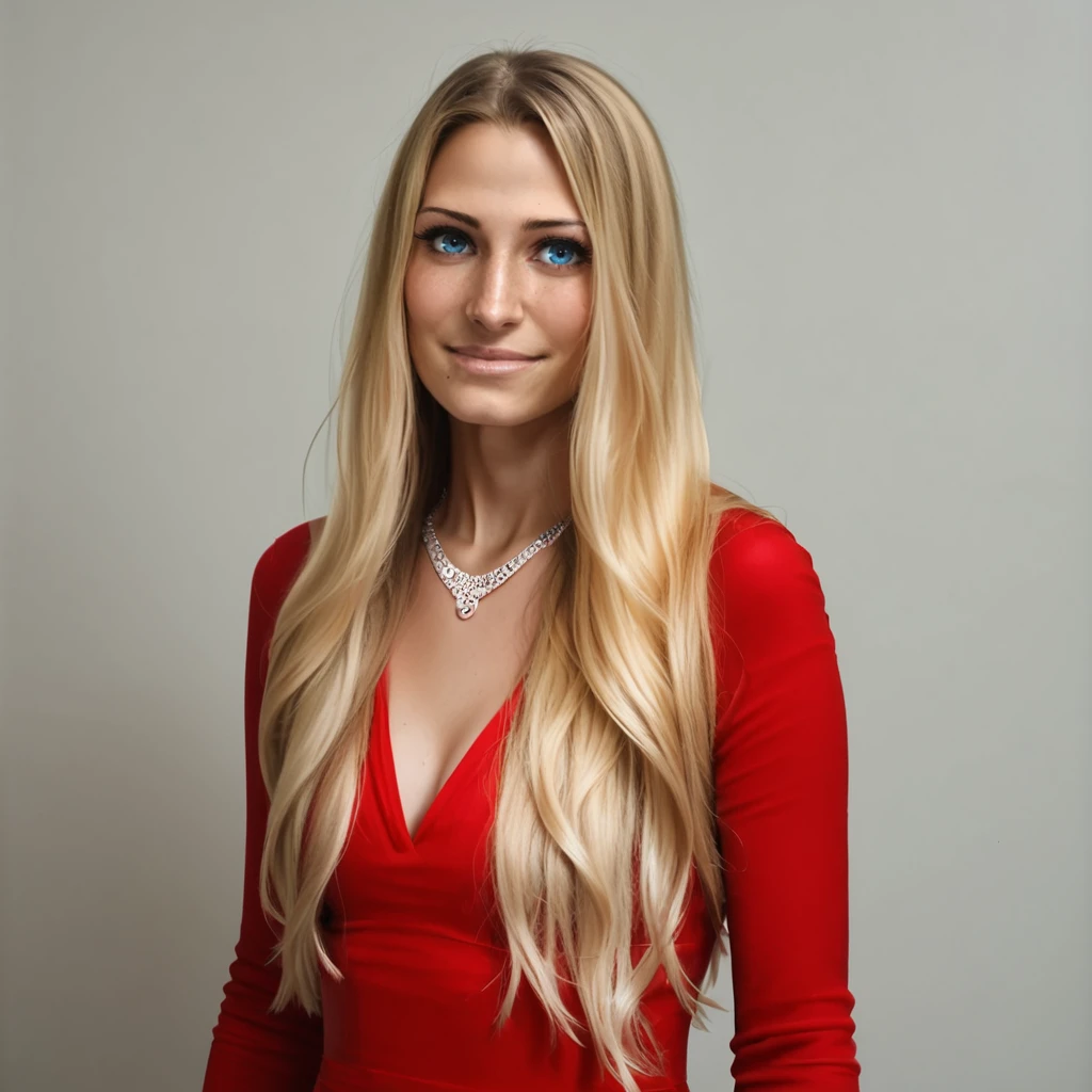 <lora:Pony_-_Jessica_Figueroa:1>, f1ggy, 1girl, blonde hair, smile, red dress, long hair, realistic, dress, solo, lips, necklace, blue eyes