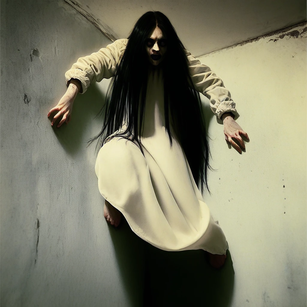 score_9, score_8_up, score_7_up, 1girl, solo, white dress, long hair, black hair, p0ssessed, ceiling, corner. wall, low angle, view from below, horror (theme), against wall, room, dark, darkness,