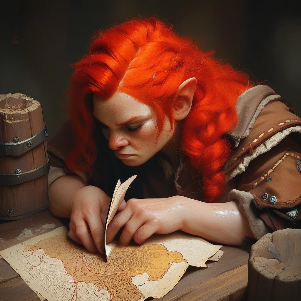 score_9,score_8_up,score_7_up,score_6_up Dwarf female red hair reading a map on a table