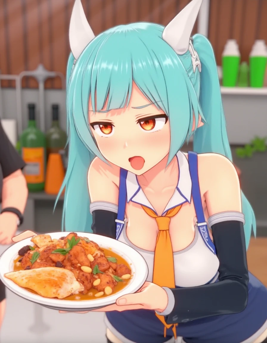 SuchKoiKatsu, Hatsune Miku present the plate with rotten fish on it with her hand. show it to viewer