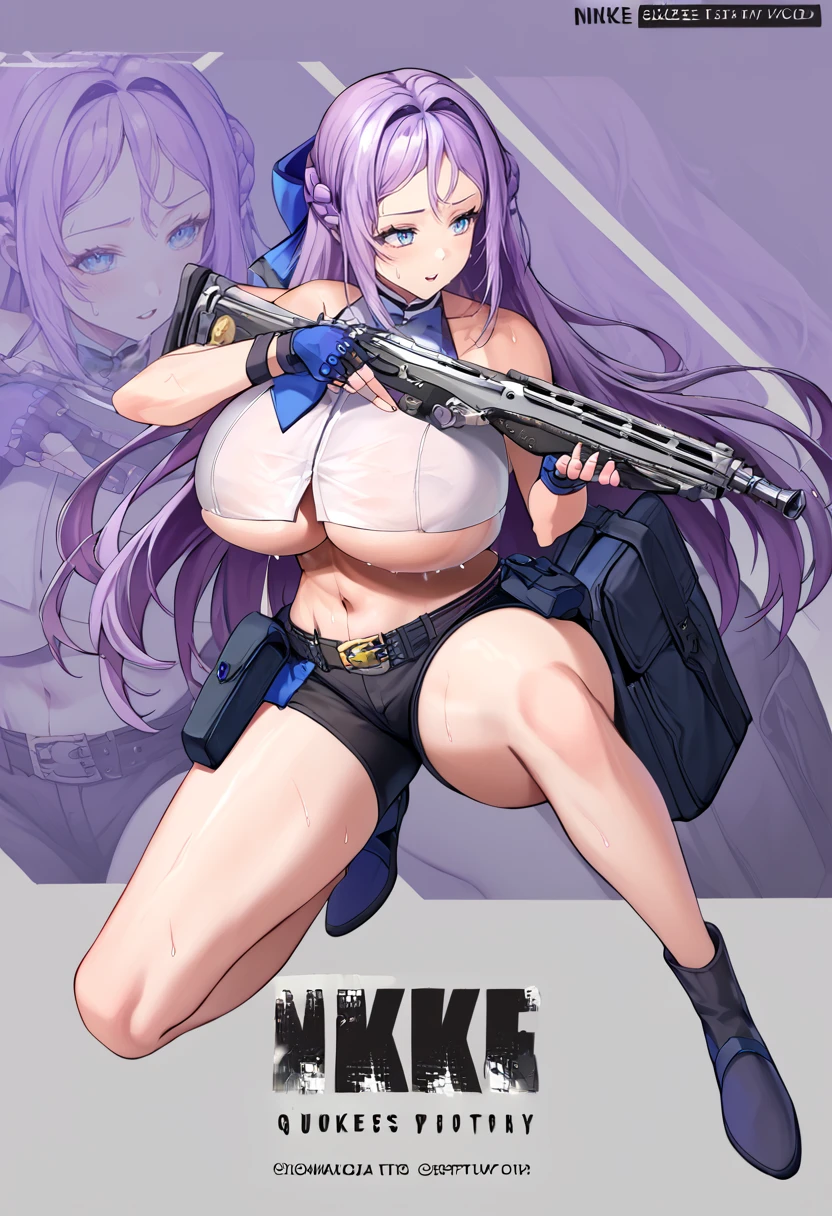 score_9,score_8_up,score_7_up, rating_general, masterpiece, source_anime, zPDXL2, BREAK, <lora:Folkwang-000005:0.9>, folkwanga, folkwangoriginal, 1girl, solo, long hair, (huge breasts:1), shirt, gloves, bow, navel, bare shoulders, very long hair, purple eyes, purple hair, braid, hair bow, sweat,shorts, sleeveless, midriff, belt, fingerless gloves, crop top, underboob, blue bow, french braid, pouch, sweaty, <lora:NikkeProfileV2_XLPD:1>, IncrsNikkeProfile, full body, zoom layer, on one knee, holding weapon, holding assault rifle