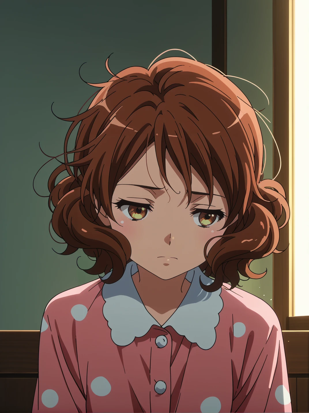 full body, score_9, score_8_up, score_7_up,  anime screencap, anime colors, 
<lora:kumiko-oumae-s2-ponyxl-lora-nochekaiser:0.95> kumiko oumae, brown eyes, brown hair, short hair, wavy hair,  narrowed eyes, tired expression, indifferent, looking to the side, facing viewer, messy hair, 
pajamas, morning, sunshine, mood lighting, (dark:1.1),