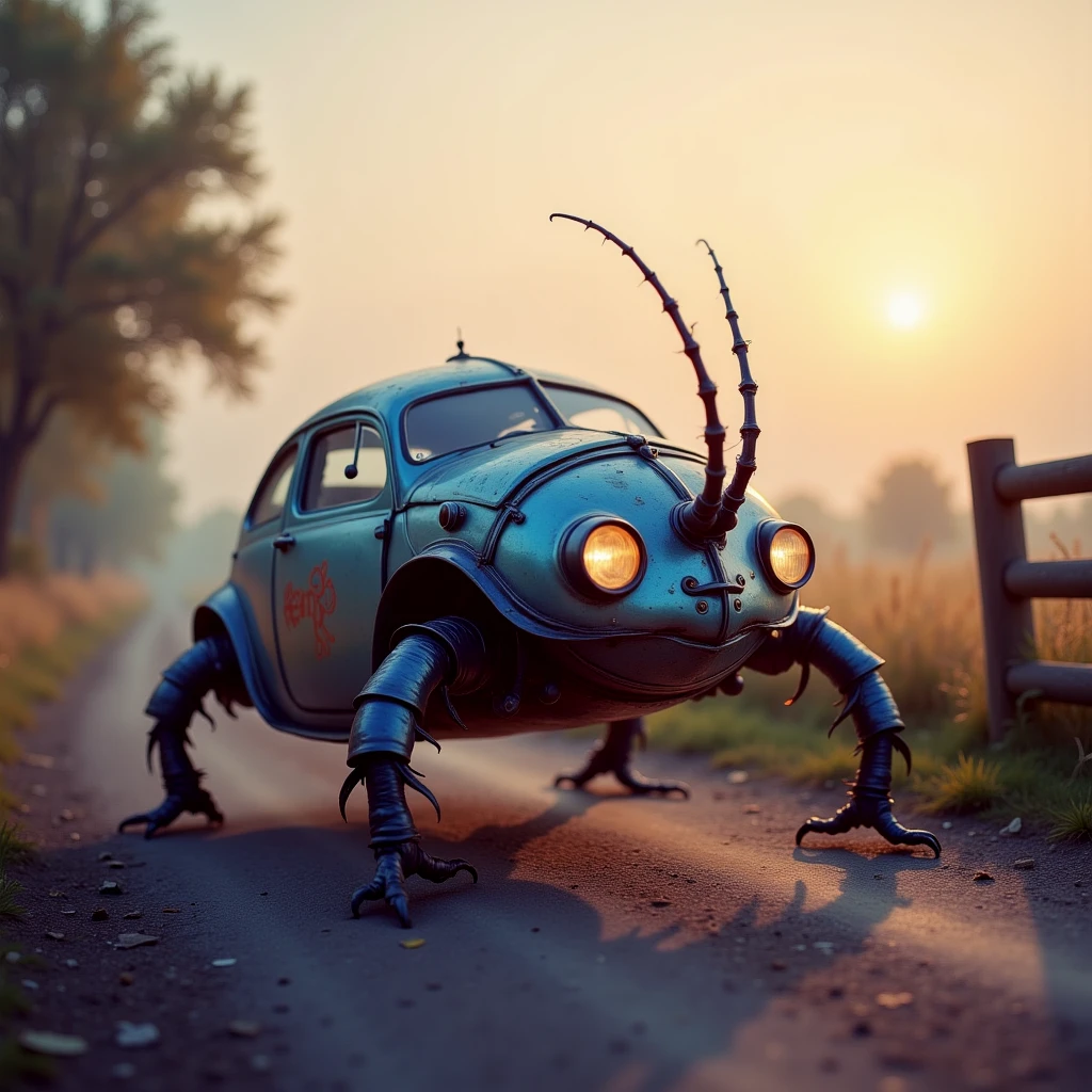 A surreal pastel beetle-like car with protruding legs and wheels and antennae, driving along a country road at dusk.

Fantasy style. A pastel scene.

FntsyPstlCE style