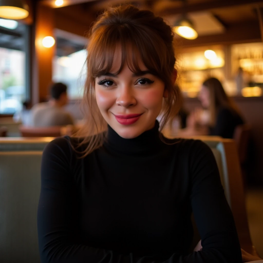 realistic 4k photo of Dannyancat wearing a black turtle neck sweater, shes sitting in a restaurant looking at viewer and smiling