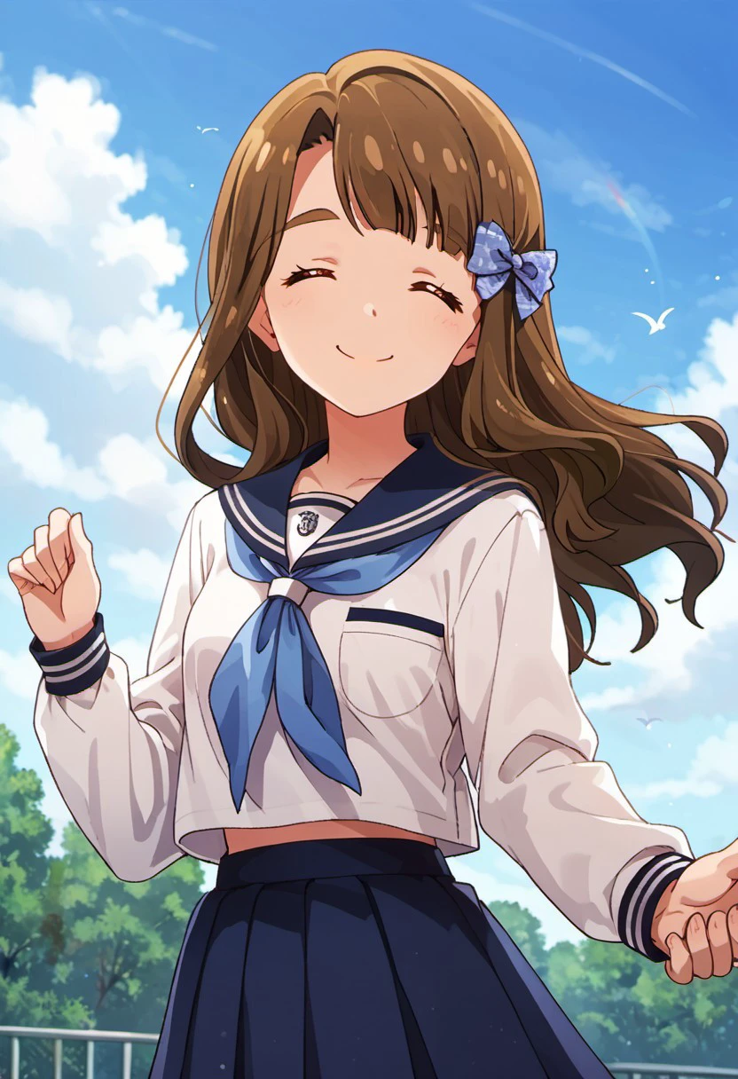 score_9, score_8_up, score_7_up, source_anime,miyao miya, brown hair, long hair, brown eyes, holding hands, school uniform, closed eyes, bow, blue neckerchief, hair bow, smile, outdoors, 1girl, solo, skirt, sky, serafuku